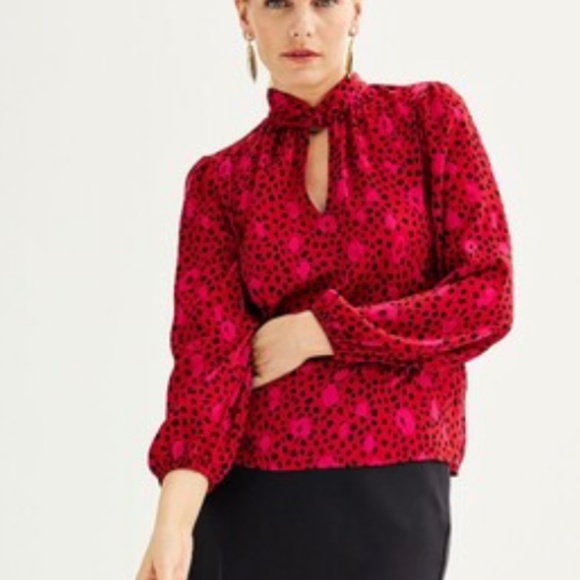 Twist Neck Long Sleeve Leopard Cheetah Polka Dot Classy Classic Party Hip Blouse - Picture 1 of 6